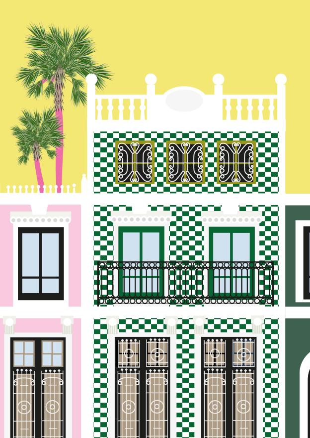 Ilustración de una casa típica del barrio del Cabañal en Valencia.