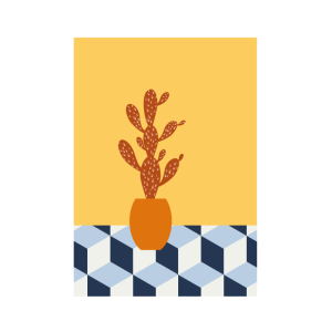 Ilustración de un cactus sobre un suelo de baldosas de colores.