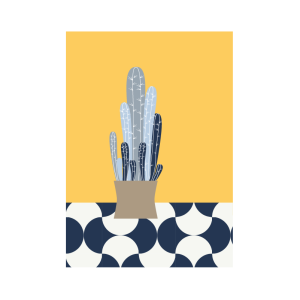 Ilustración de un cactus sobre un suelo de baldosas de colores.