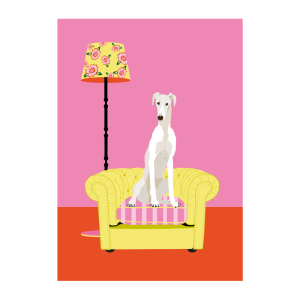 Ilustración de galgo en un sofá chesterfield.