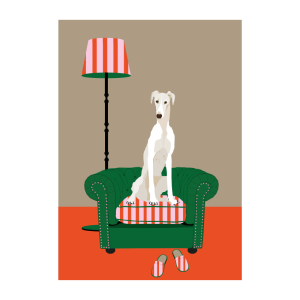 Ilustración de galgo en un sofá chesterfield.
