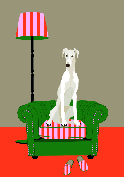 Imagen de un galgo sentado en sofá Chesterfield