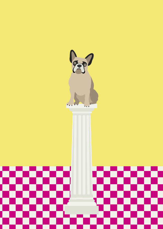 Ilustración de un buldog francés sobre una columna clásica.